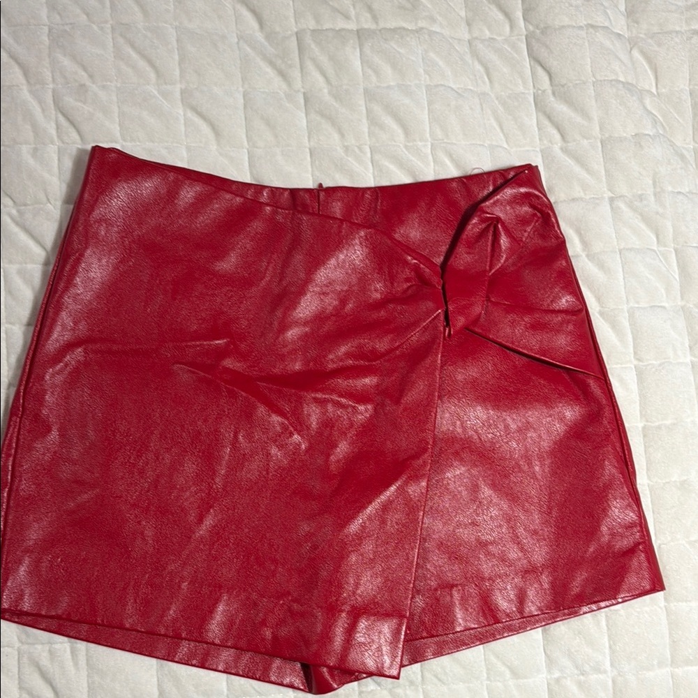 Faux Leather Red Mini Skort with Knot Detail